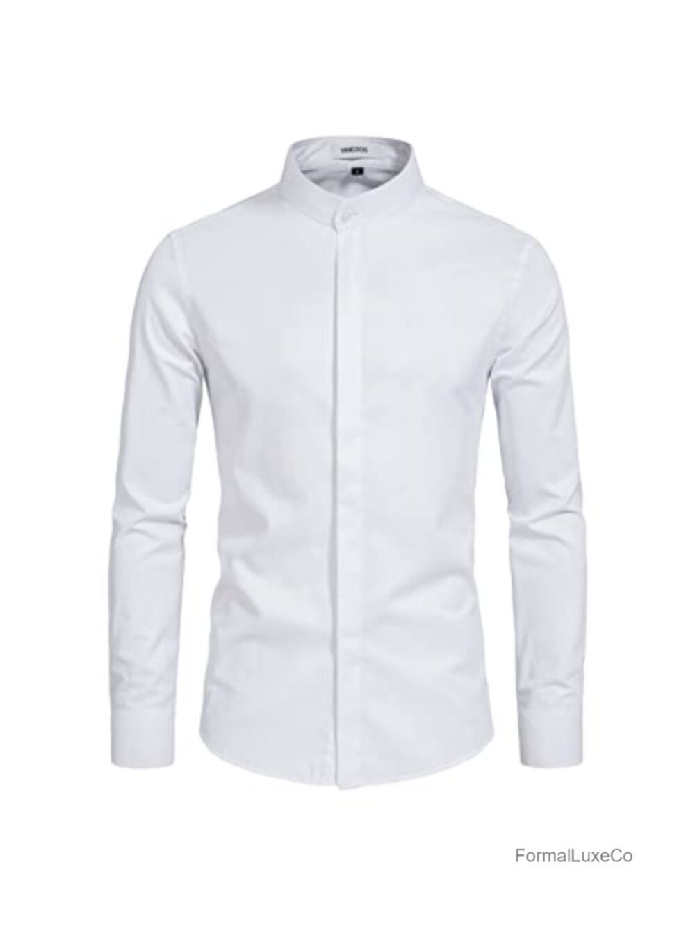 Men's Cotton Polyester Banded Collar Long Sleeve Button Down Dress Shirt
